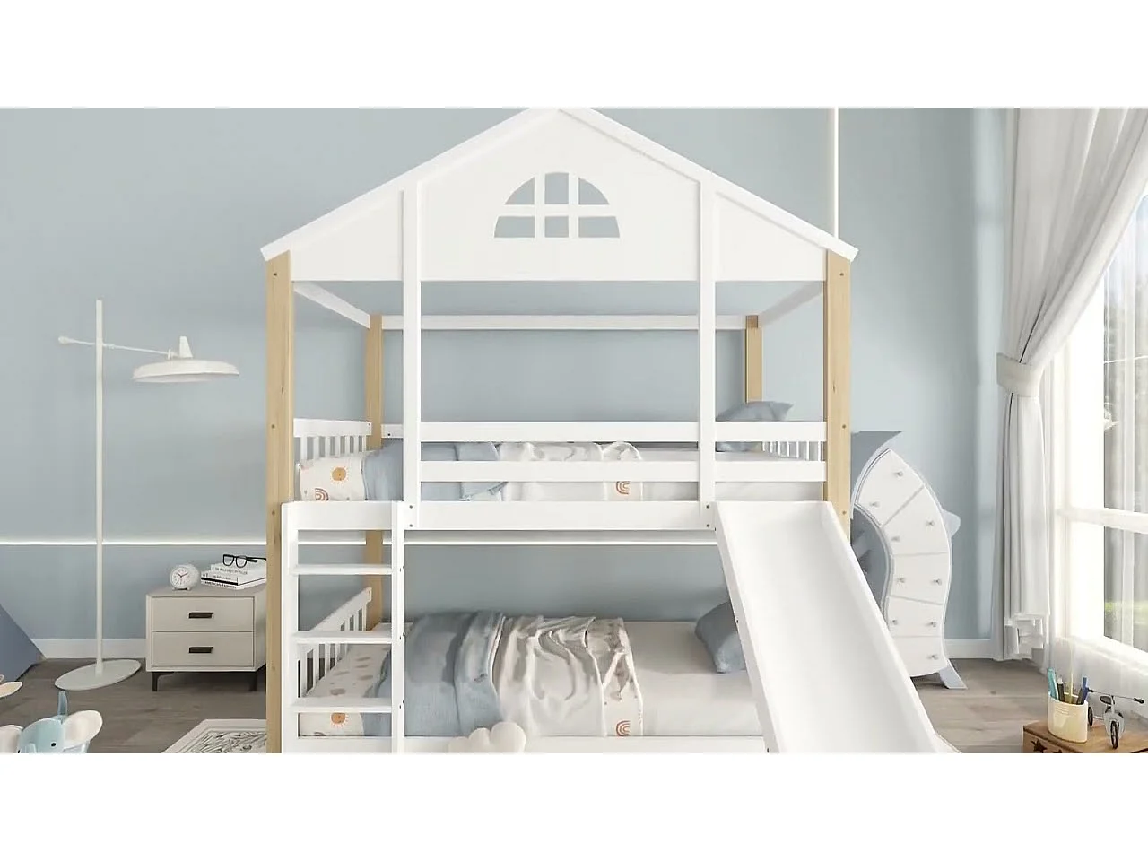 Lit superposé en bois massif avec échelle et toboggan - 90x200 cm - Blanc