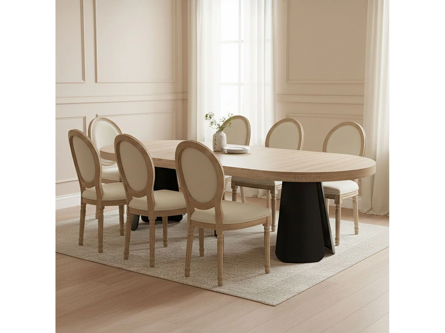 Table ronde extensible Henriette Chêne Clair pieds Noir