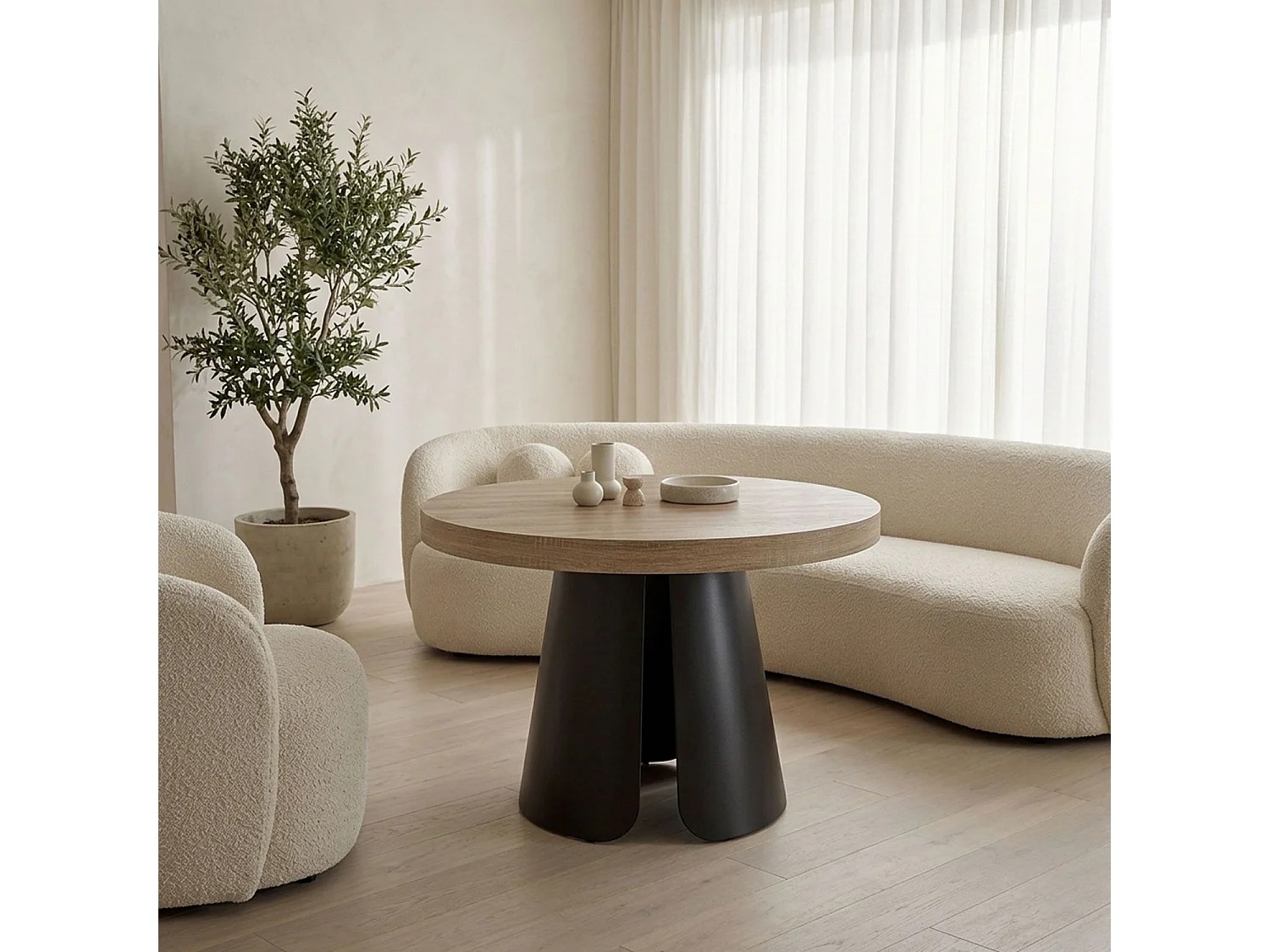 Table ronde extensible Henriette Chêne Clair pieds Noir