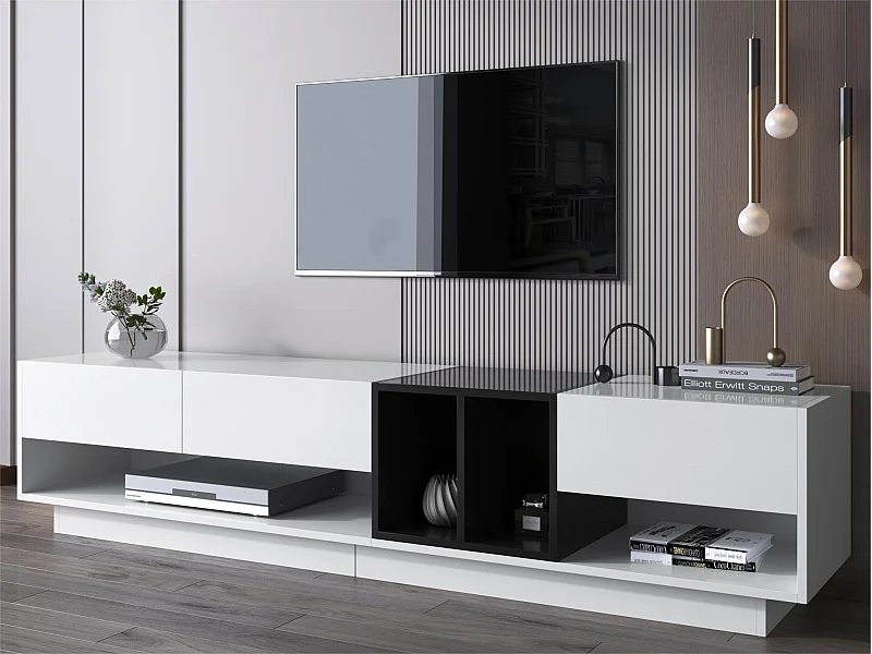 Meuble TV 190cm - 3 tiroirs et 2 compartiments - blanc brillant & noir