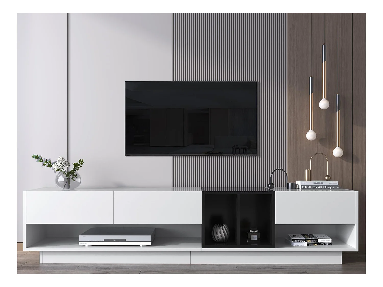 Mobile TV da 190 cm - 3 cassetti e 2 scomparti - bianco lucido e nero