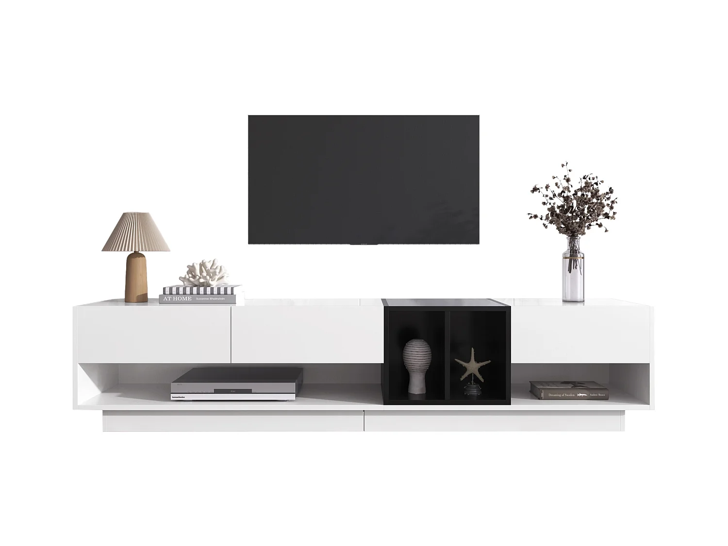 Mobile TV da 190 cm - 3 cassetti e 2 scomparti - bianco lucido e nero