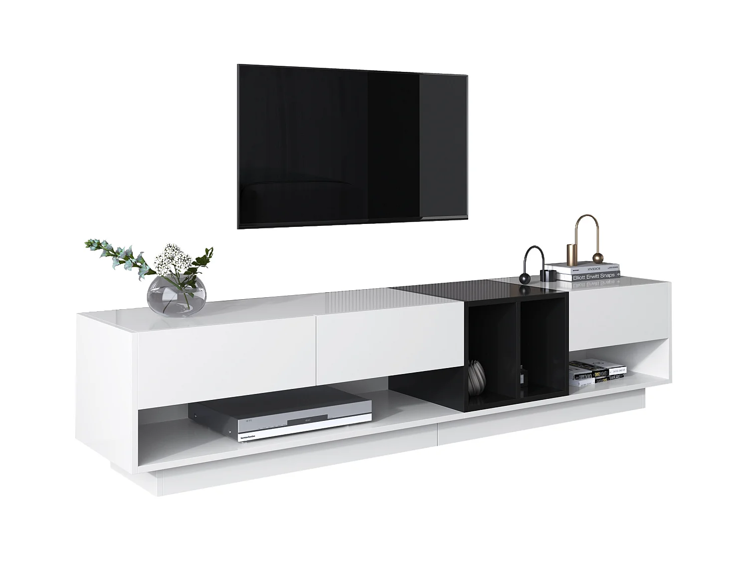 Mobile TV da 190 cm - 3 cassetti e 2 scomparti - bianco lucido e nero