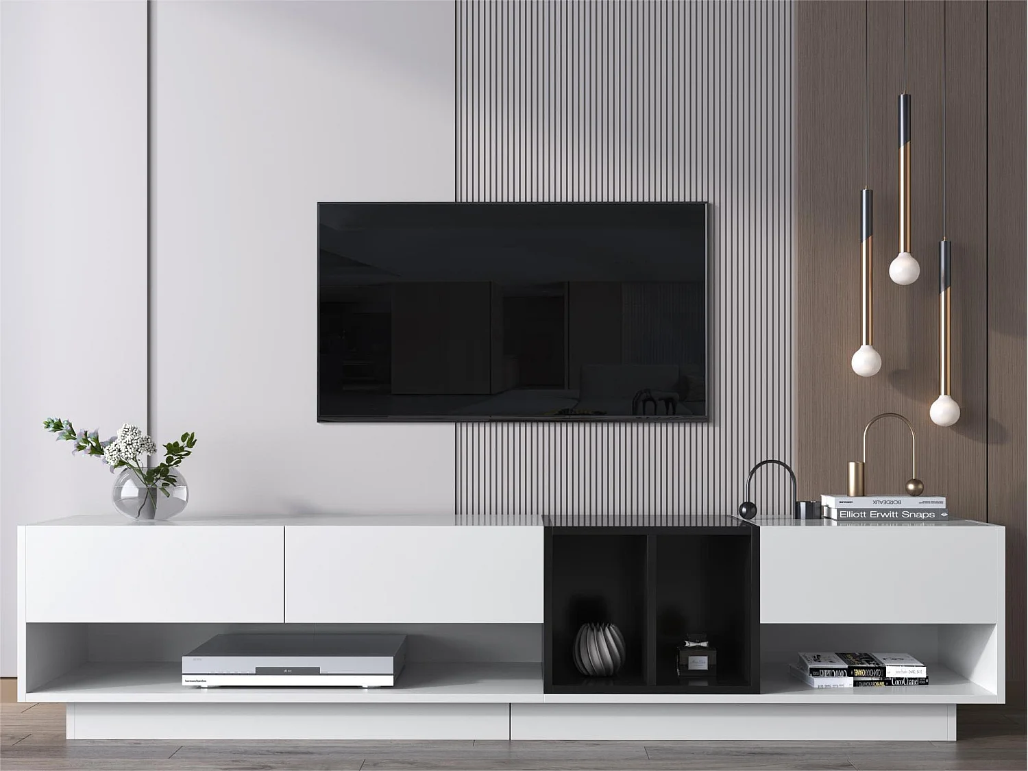 Meuble TV 190cm - 3 tiroirs et 2 compartiments - blanc brillant & noir