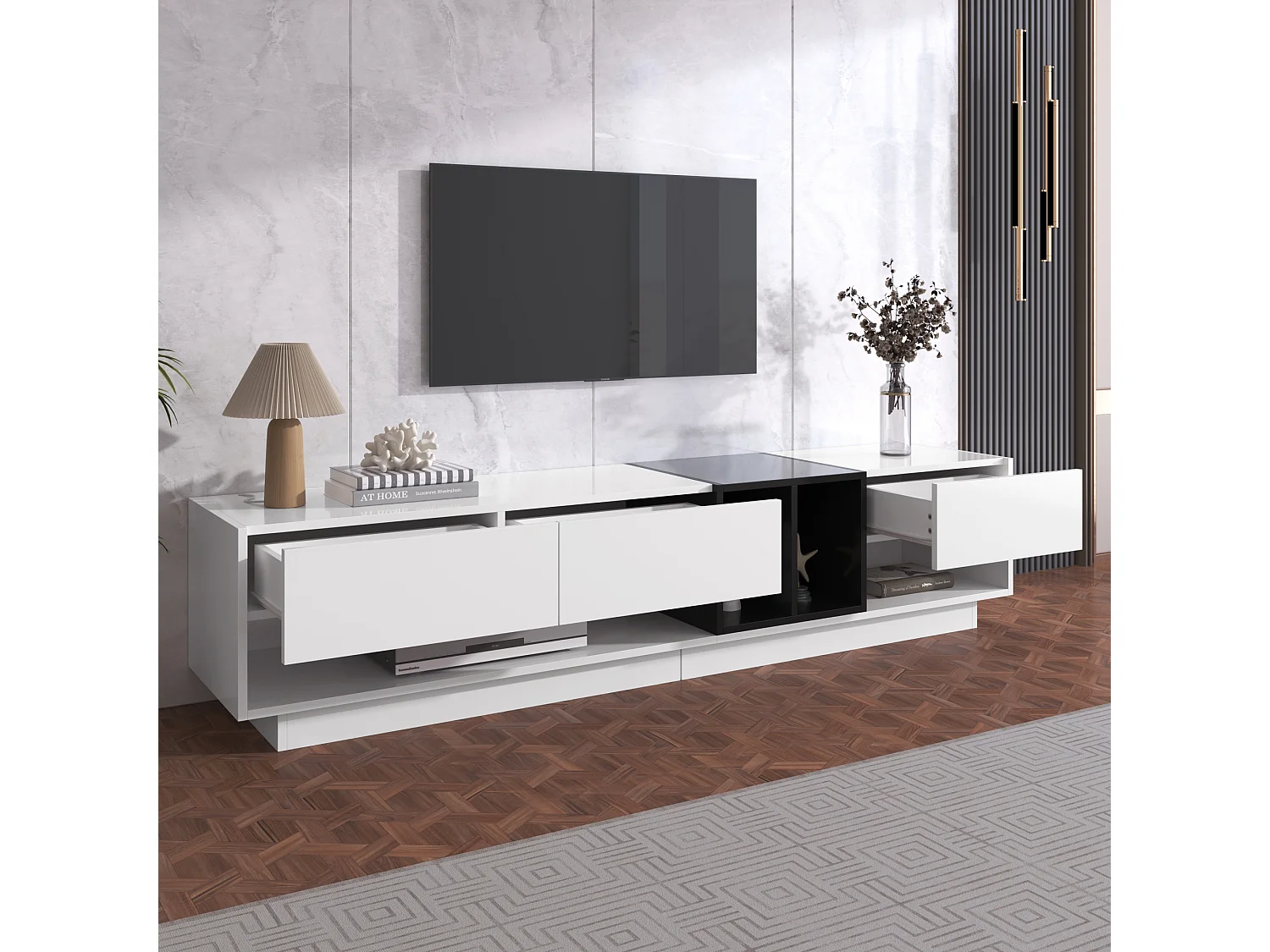 Meuble TV 190cm - 3 tiroirs et 2 compartiments - blanc brillant & noir