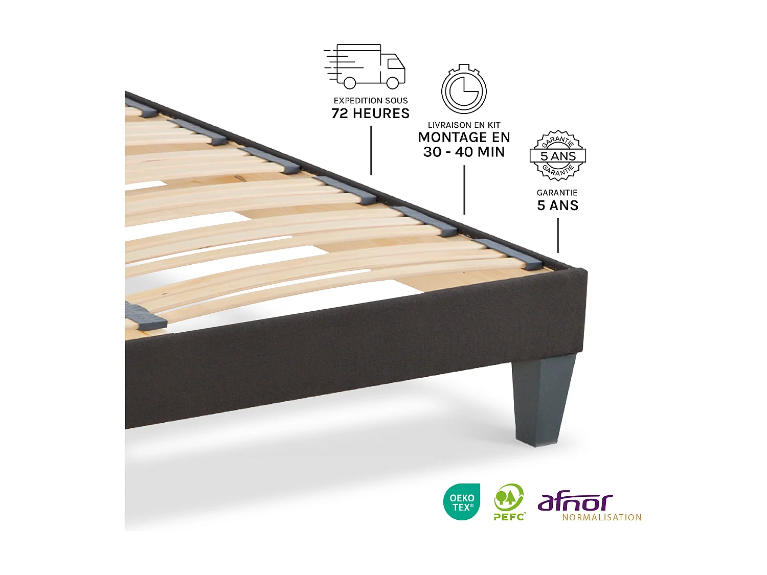 OLYMPE LITERIE | Sommier à lattes en bois KIT15 2x120x200 cm | Coloris Gris anthracite | Livré en kit