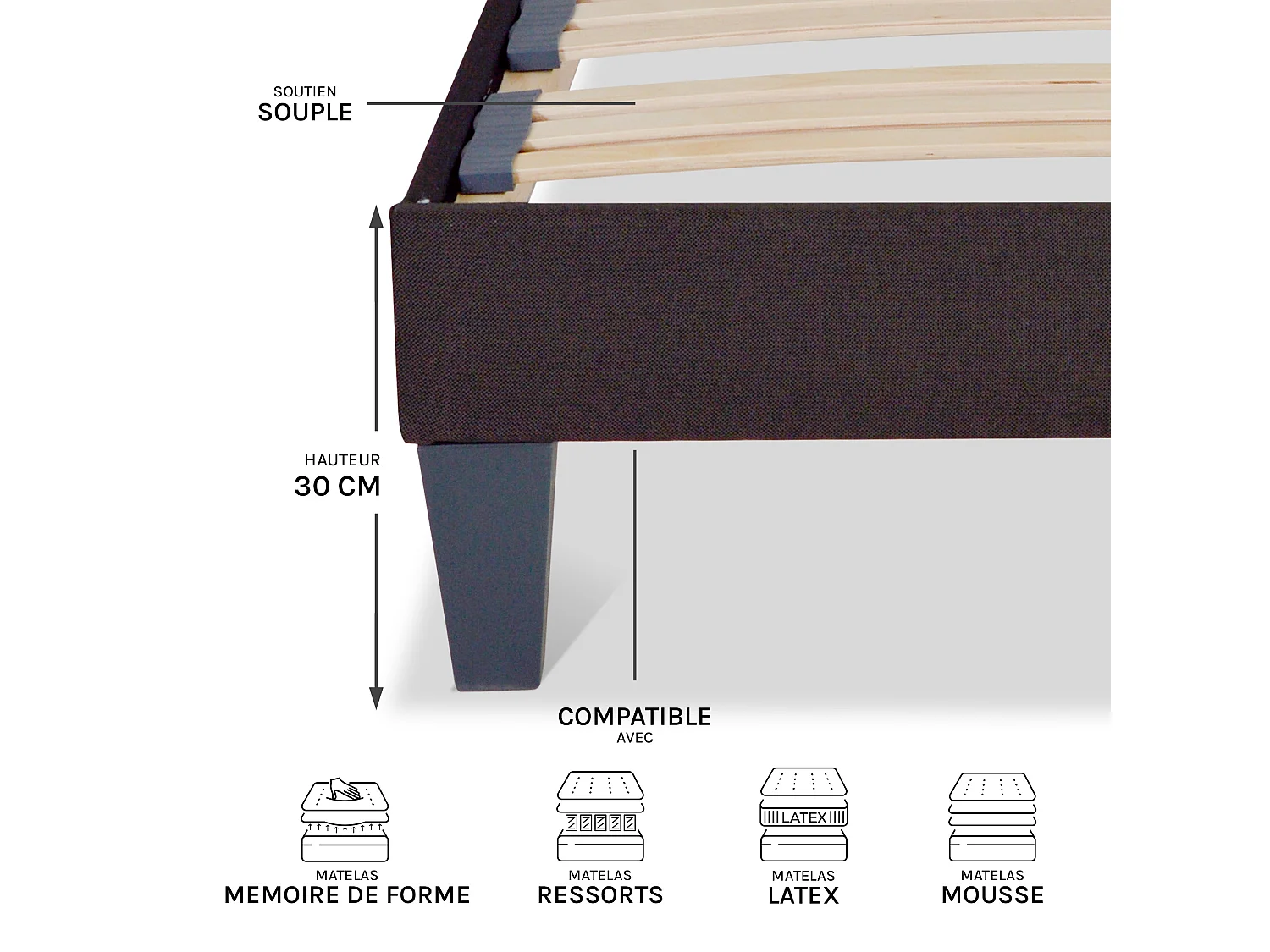 Sommier à lattes en bois Kit15 2x120x200 cm Coloris Gris anthracite Livré en kit