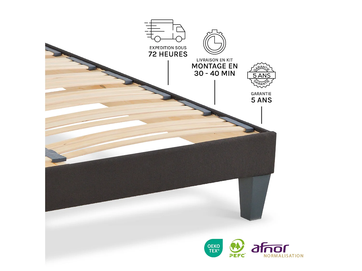 Sommier à lattes en bois Kit15 2x120x200 cm Coloris Gris anthracite Livré en kit