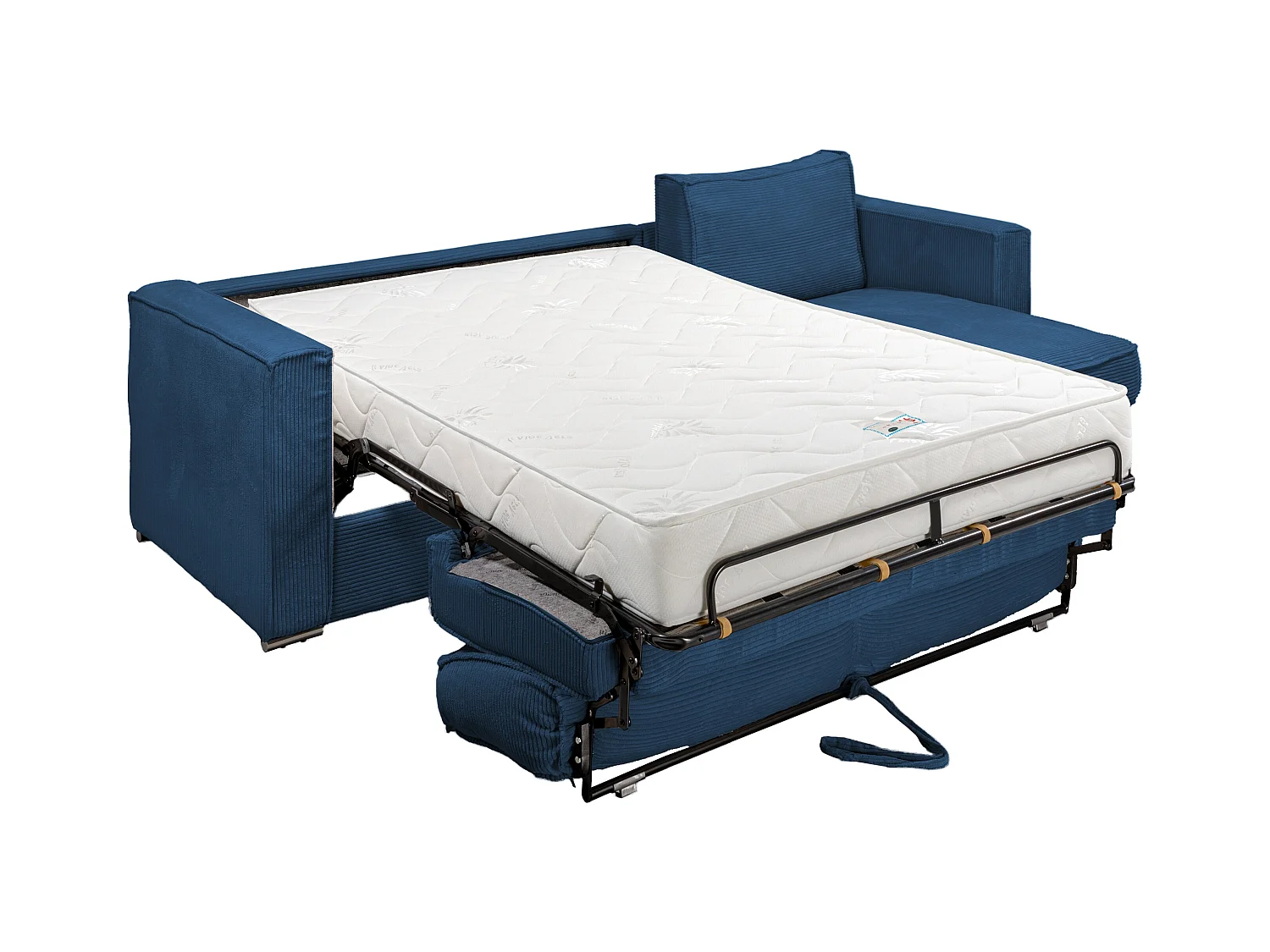 Canapé d'angle convertible express et réversible en velours côtelé bleu nuit - Couchage 160 cm - Matelas 22 cm avec mémoire de forme LORETO