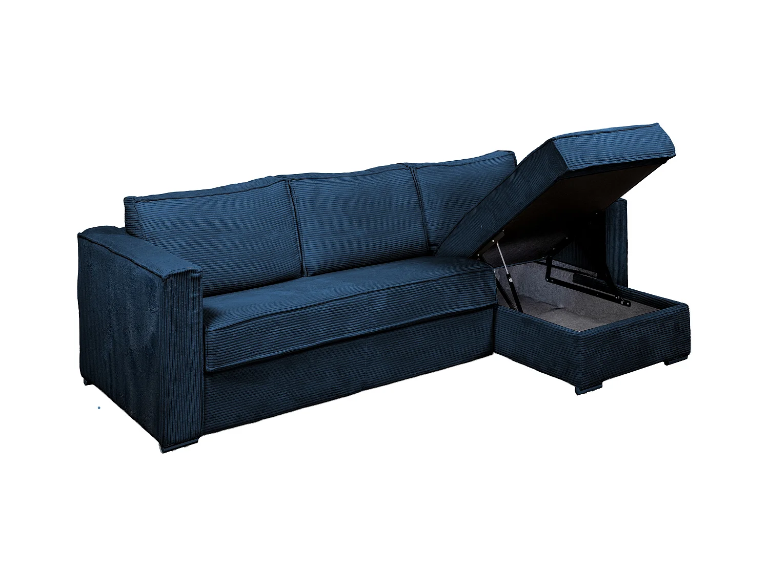 Canapé d'angle convertible express et réversible en velours côtelé bleu nuit - Couchage 160 cm - Matelas 22 cm avec mémoire de forme LORETO