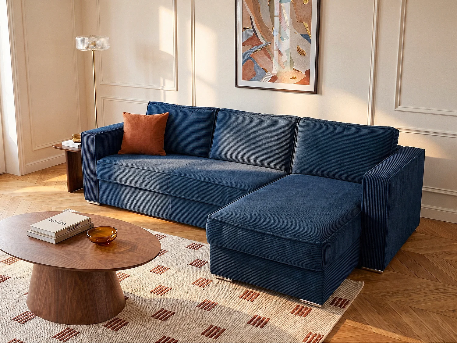Canapé d'angle convertible express et réversible en velours côtelé bleu nuit - Couchage 160 cm - Matelas 22 cm avec mémoire de forme LORETO