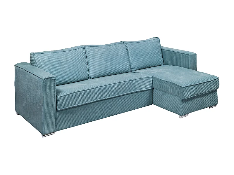 Canapé d'angle convertible express et réversible en velours côtelé bleu turquoise - Couchage 160 cm - Matelas 22 cm avec mémoire de forme LORETO