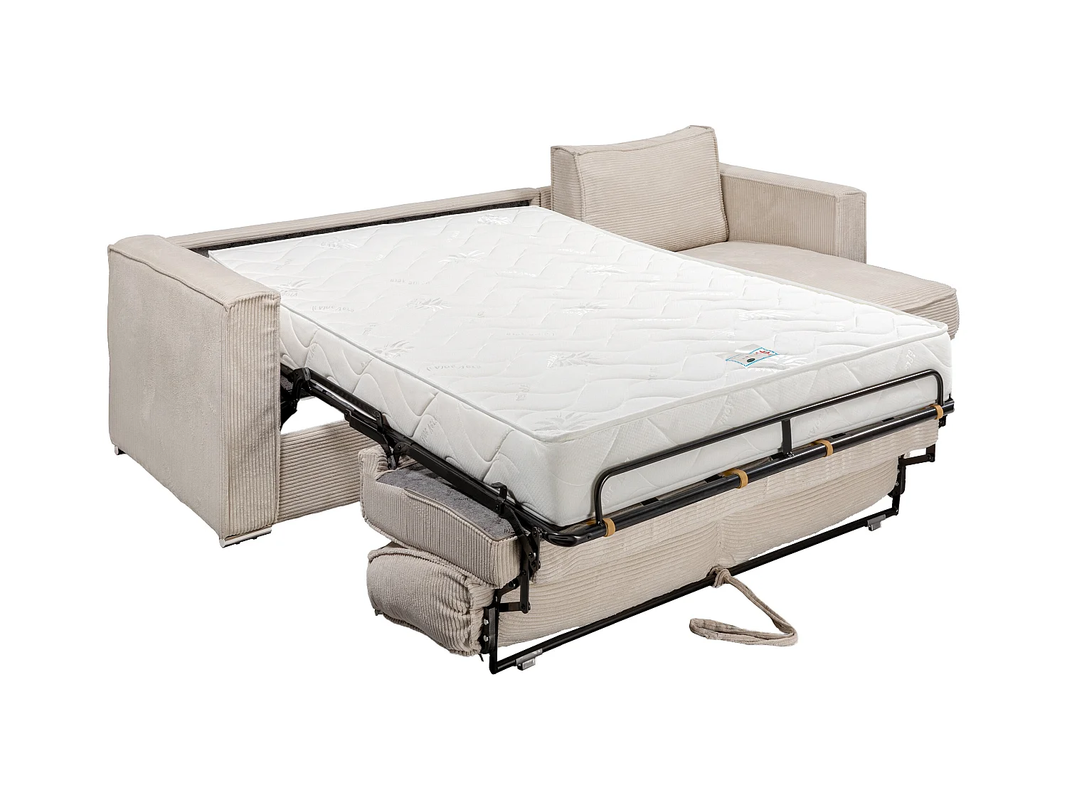 Canapé d'angle convertible express et réversible en velours côtelé beige - Couchage 160 cm - Matelas 22 cm avec mémoire de forme LORETO