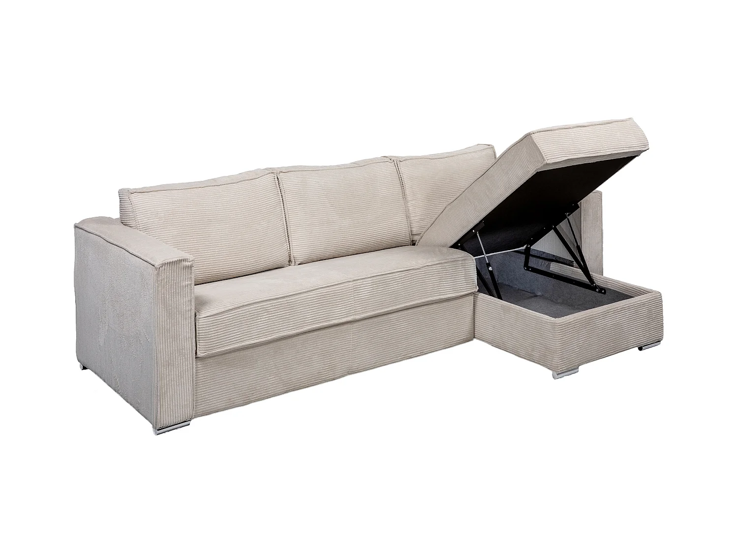 Canapé d'angle convertible express et réversible en velours côtelé beige - Couchage 160 cm - Matelas 22 cm avec mémoire de forme LORETO