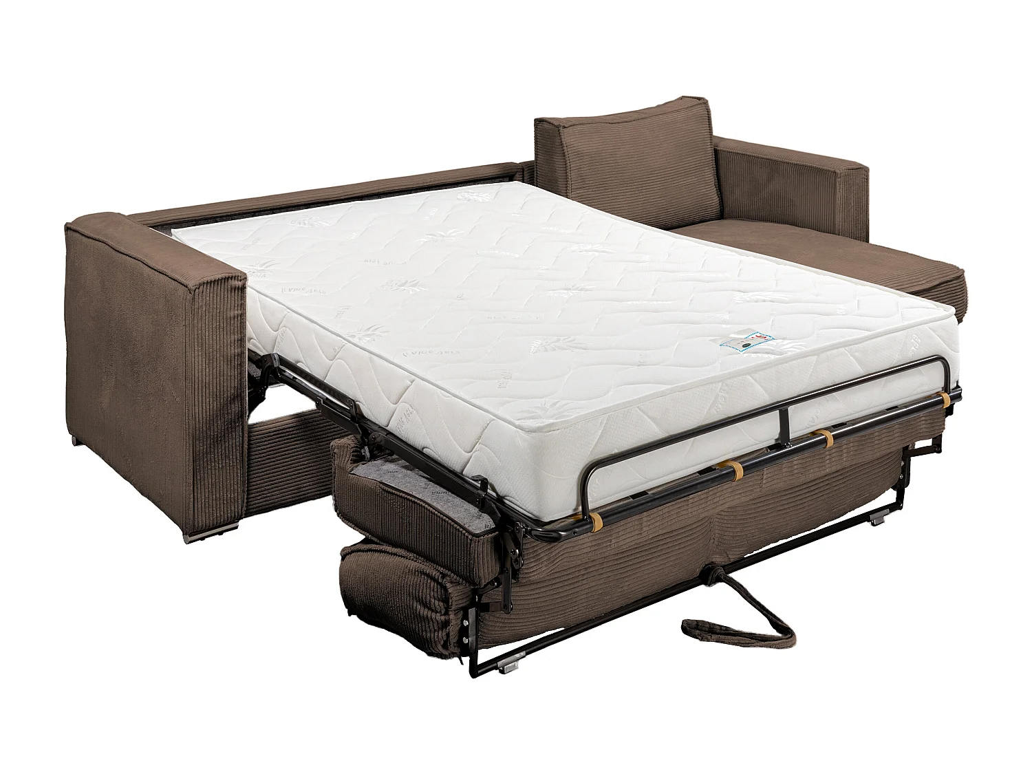 Omkeerbare express-hoekslaapbank van bruin ribfluweel - Bed met brede latten 160 cm - Matras met vormgeheugen 22 cm LORETO