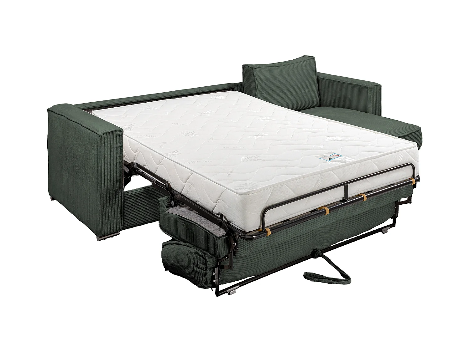 Canapé d'angle convertible express et réversible en velours côtelé vert - Couchage à lattes larges 160 cm - Matelas 22 cm avec mémoire de forme LORETO