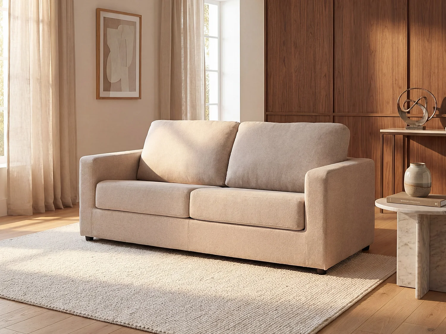 Canapé 3 places convertible express en tissu beige - Couchage 140 cm - Matelas 14 cm DONETO