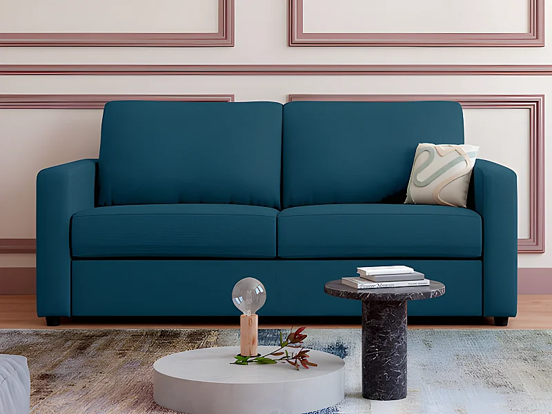 Canapé 3 places convertible express en tissu bleu - Couchage 140 cm - Matelas 14 cm DONETO