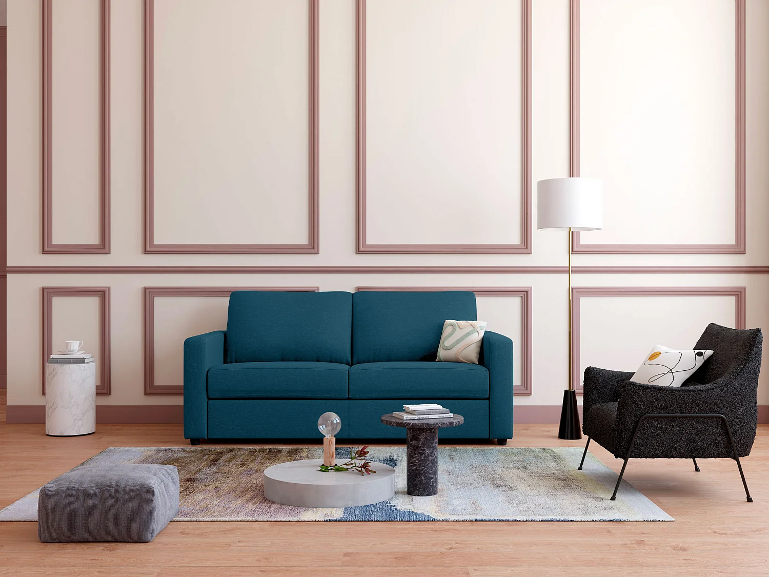 Schlafsofa mit Matratze 3-Sitzer - Stoff - Blau - Liegefläche 140 cm - Matratze 14 cm - DONETO