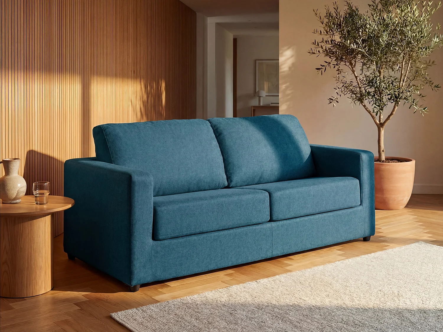 Canapé 3 places convertible express en tissu bleu - Couchage 140 cm - Matelas 14 cm DONETO