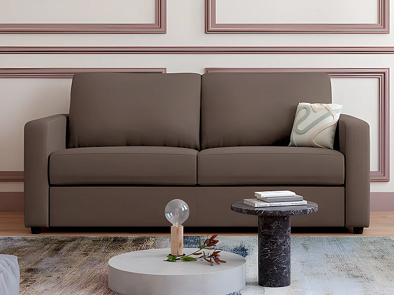 Canapé 3 places convertible express en tissu marron Couchage 140 cm - Matelas 14 cm DONETO