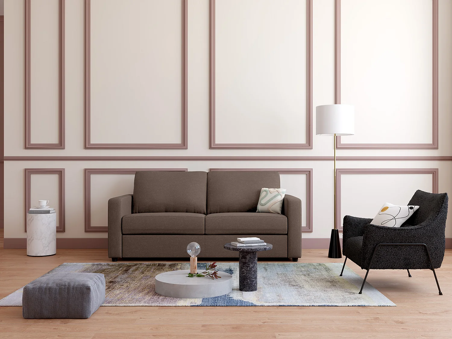 Canapé 3 places convertible express en tissu marron Couchage 140 cm - Matelas 14 cm DONETO