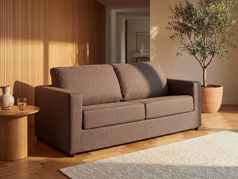 Express-driezitsslaapbank van bruine stof, bed 140 cm - Matras 14 cm DONETO