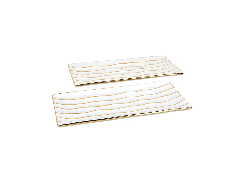 Juego de 2 centros 40cm ceramica blanco dorado lineas ondas  avice