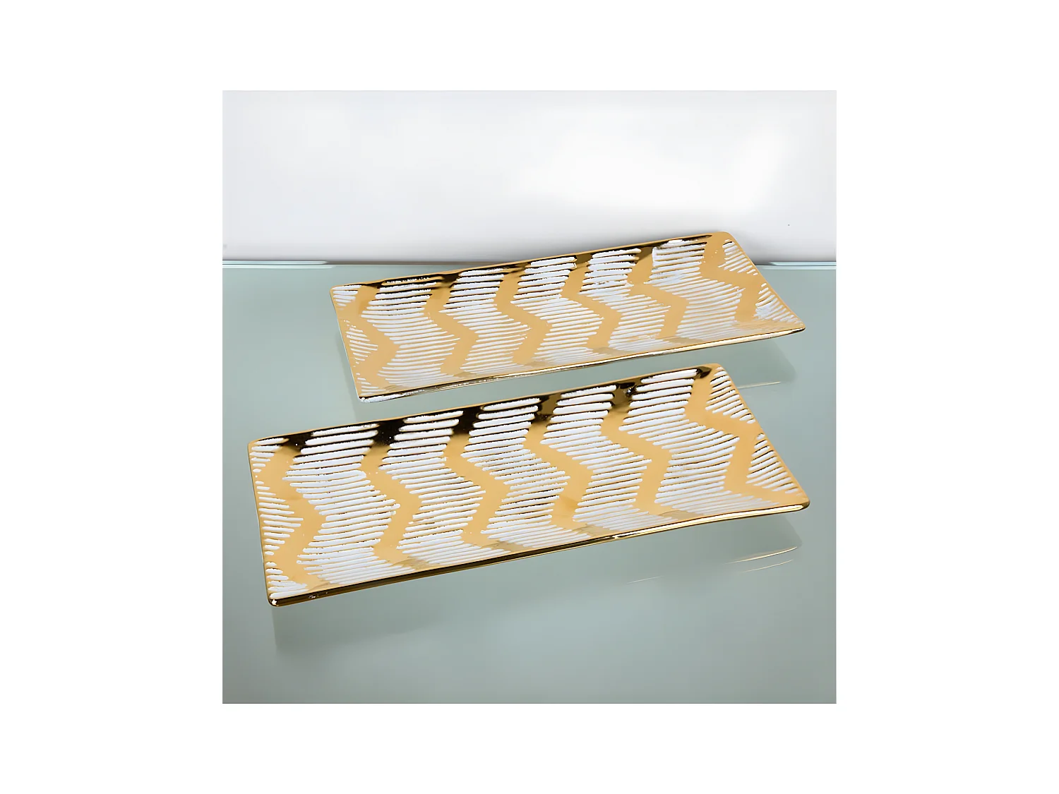 Juego de 2 centros rectangular 39cm ceramica dorado triangulos elayne