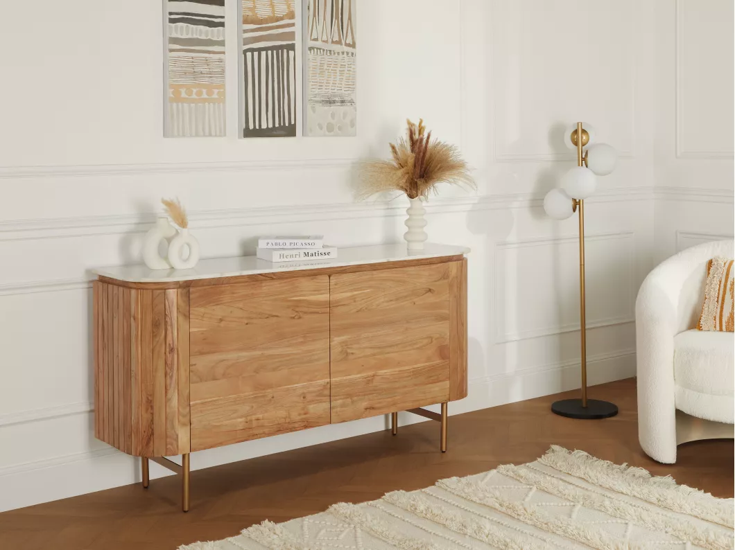 Kauf Unique Sideboard mit 2 Türen - Akazienholz & Marmor - Holzfarben & Weiß - BIRUNA von Maison Céphy