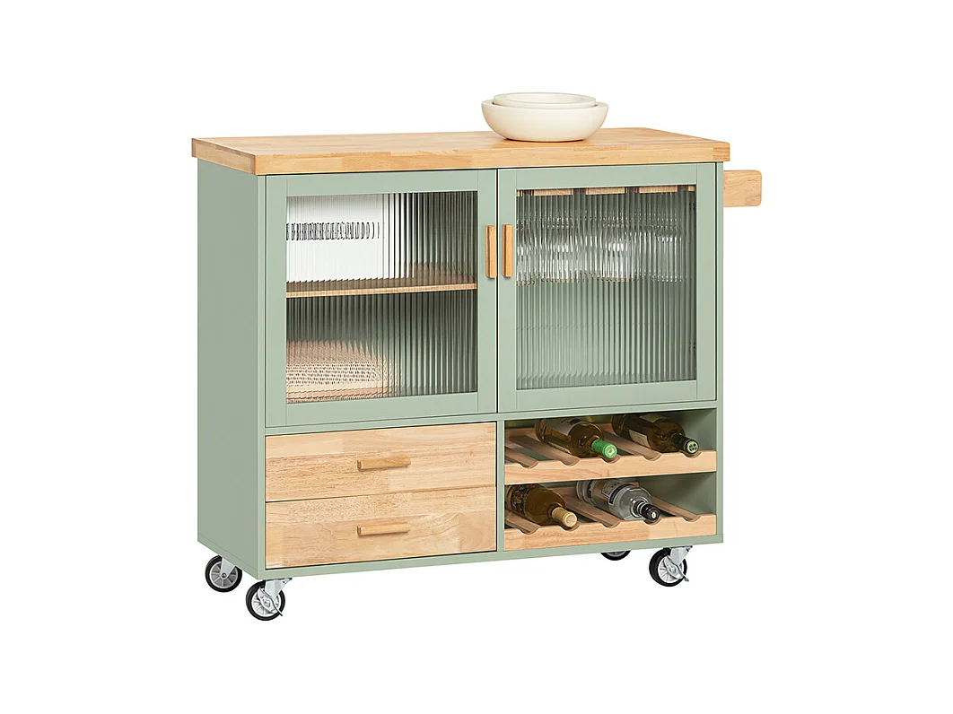 SoBuy FKW114-GR Îlot Central de Cuisine Buffet avec Plateau en Bois d'Hévéa, Porte-Bouteilles à 2 Niveaux Vert | Prévente