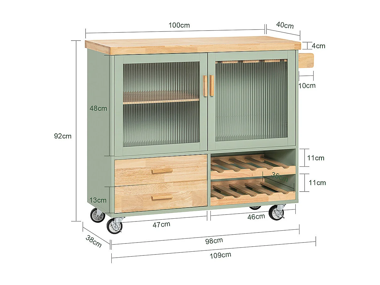 SoBuy FKW114-GR Îlot Central de Cuisine Buffet avec Plateau en Bois d'Hévéa, Porte-Bouteilles à 2 Niveaux Vert | Prévente