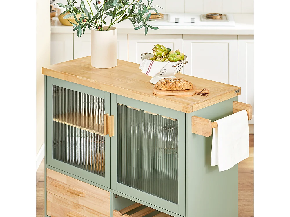 SoBuy FKW114-GR Îlot Central de Cuisine Buffet avec Plateau en Bois d'Hévéa, Porte-Bouteilles à 2 Niveaux Vert | Prévente