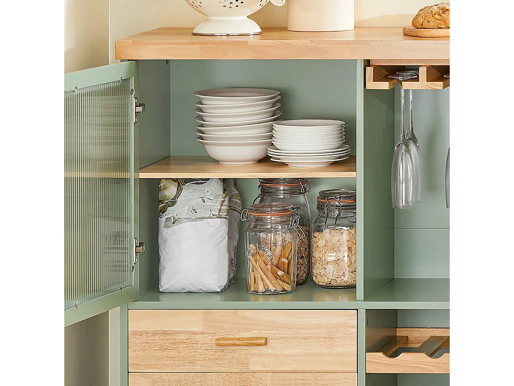 SoBuy FKW114-GR Îlot Central de Cuisine Buffet avec Plateau en Bois d'Hévéa, Porte-Bouteilles à 2 Niveaux Vert | Prévente