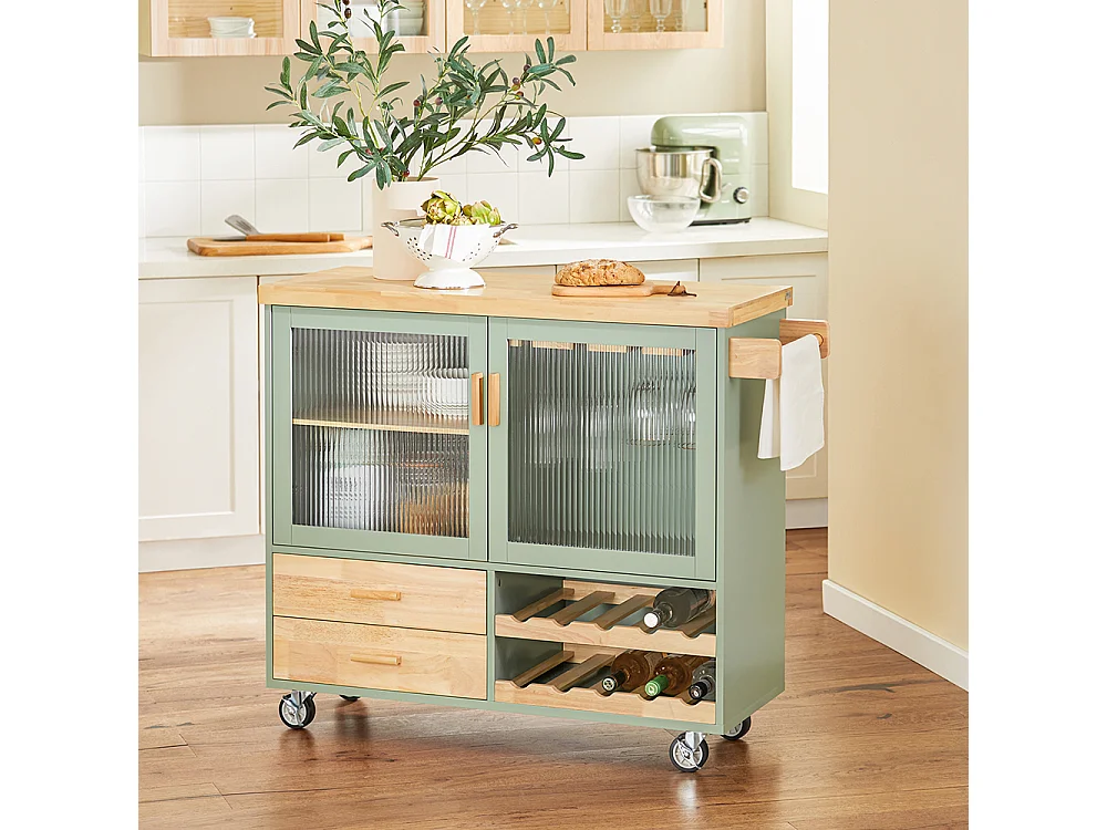 SoBuy FKW114-GR Îlot Central de Cuisine Buffet avec Plateau en Bois d'Hévéa, Porte-Bouteilles à 2 Niveaux Vert | Prévente