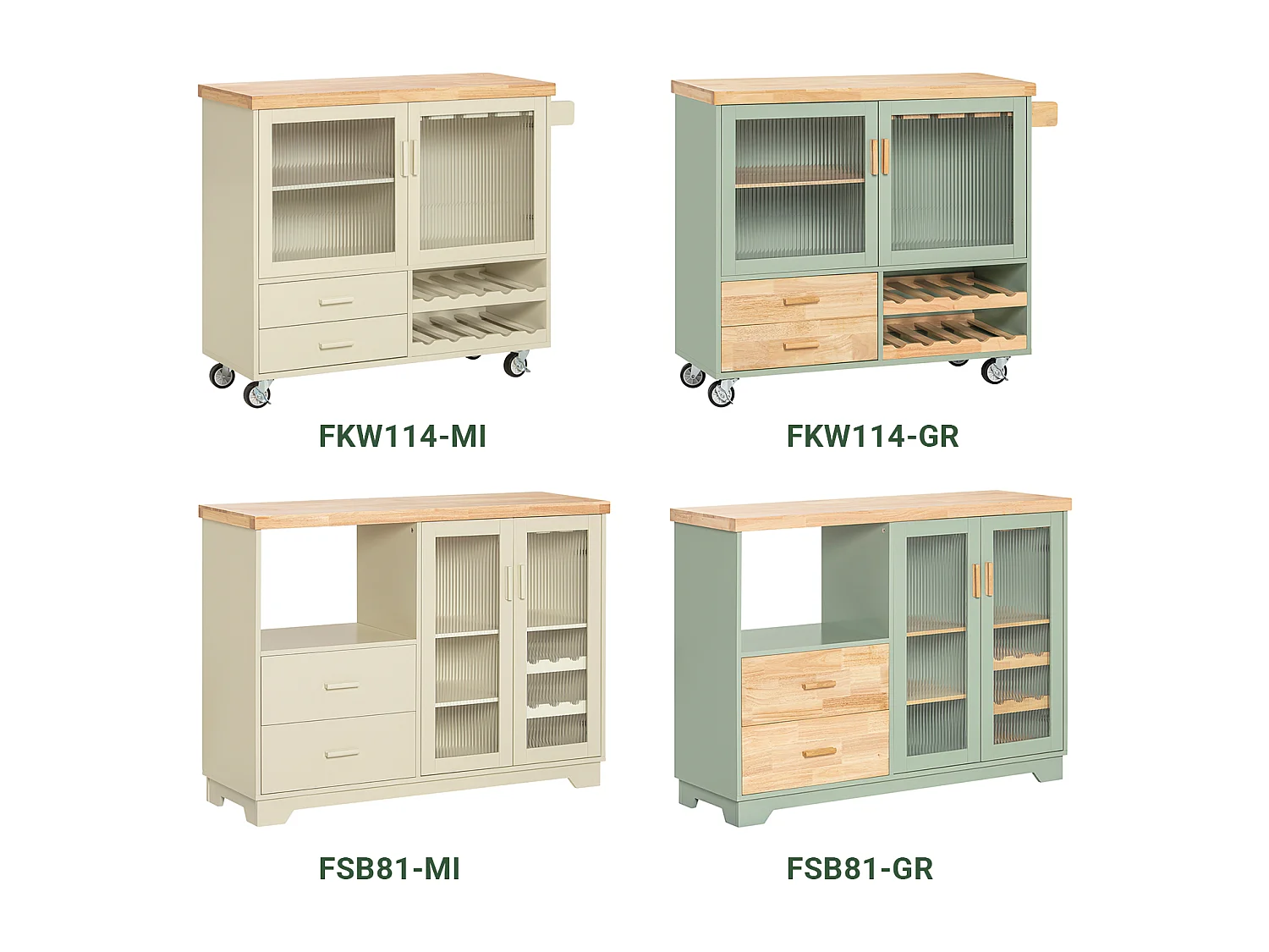SoBuy FKW114-GR Îlot Central de Cuisine Buffet avec Plateau en Bois d'Hévéa, Porte-Bouteilles à 2 Niveaux Vert | Prévente