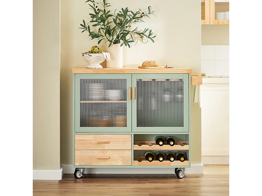 SoBuy FKW114-GR Îlot Central de Cuisine Buffet avec Plateau en Bois d'Hévéa, Porte-Bouteilles à 2 Niveaux Vert | Prévente