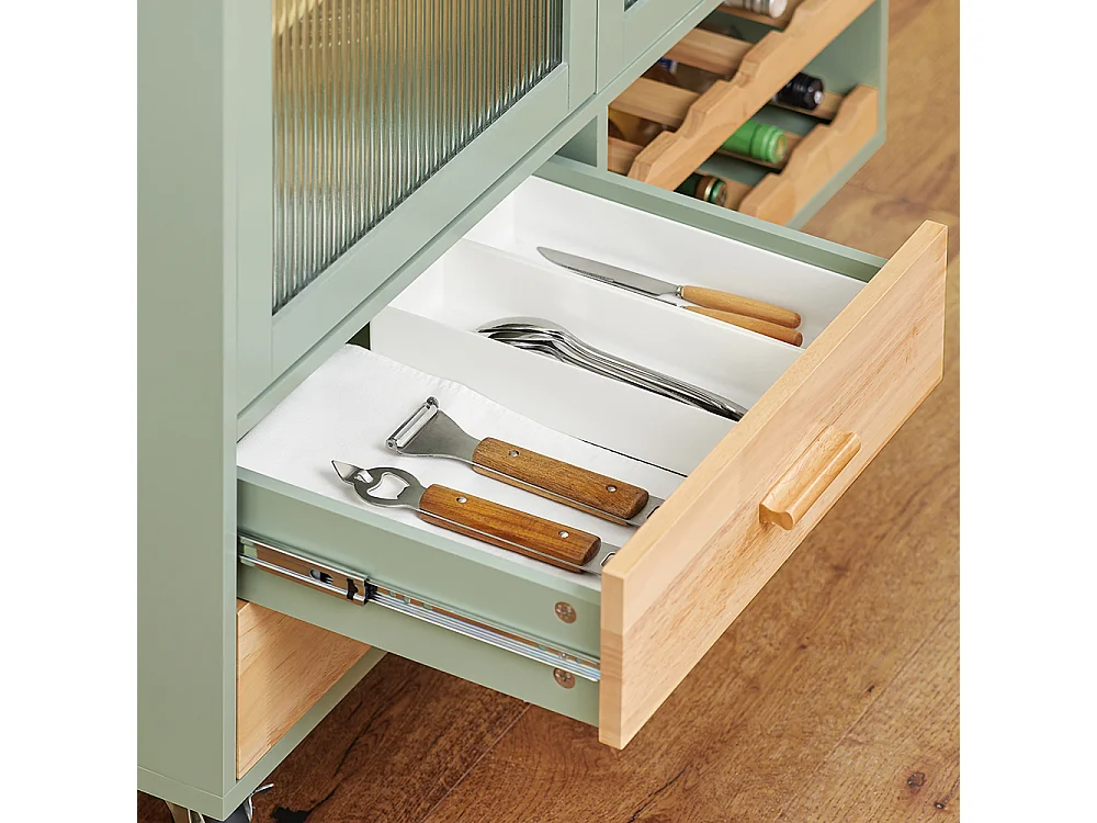 SoBuy FKW114-GR Îlot Central de Cuisine Buffet avec Plateau en Bois d'Hévéa, Porte-Bouteilles à 2 Niveaux Vert | Prévente