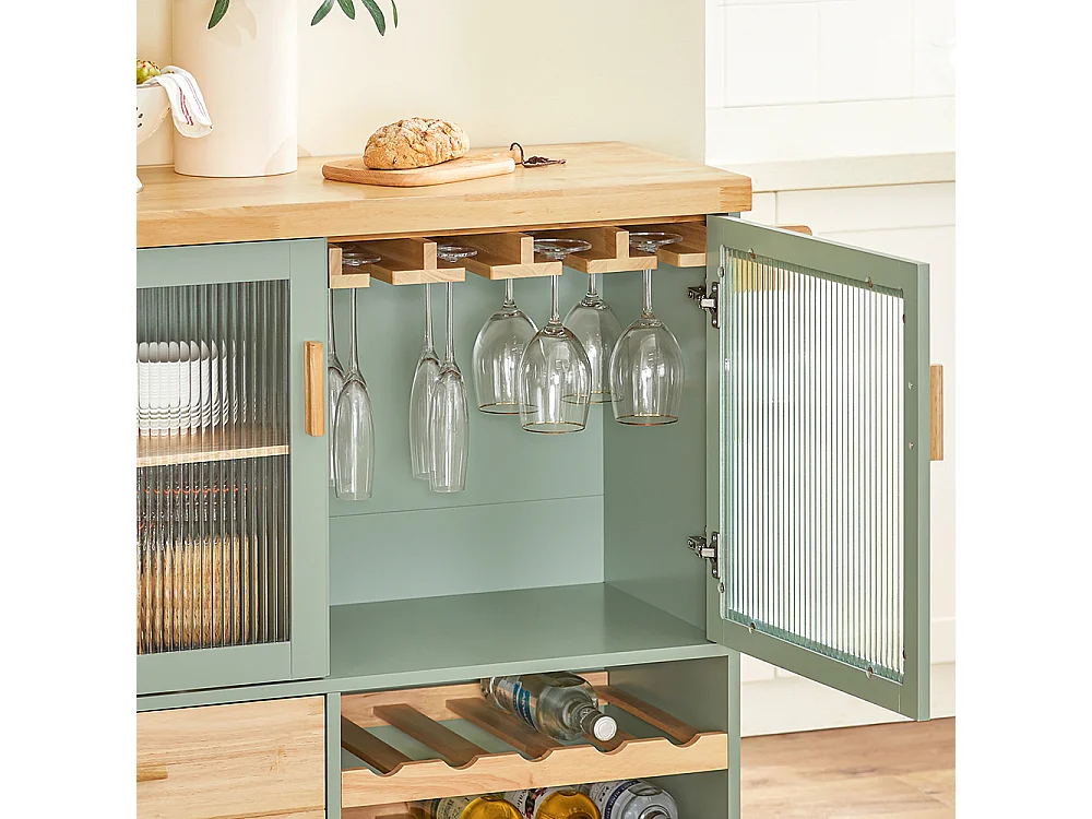 SoBuy FKW114-GR Îlot Central de Cuisine Buffet avec Plateau en Bois d'Hévéa, Porte-Bouteilles à 2 Niveaux Vert | Prévente