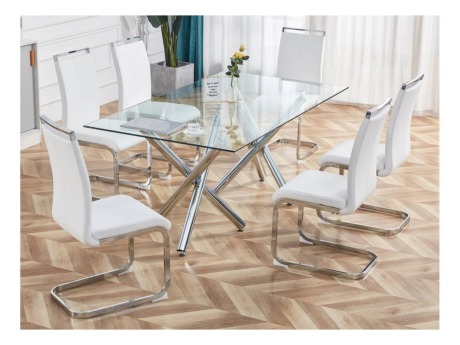 Lot de 4 Chaises cantilever en similicuir - structure en métal chromé - Blanc