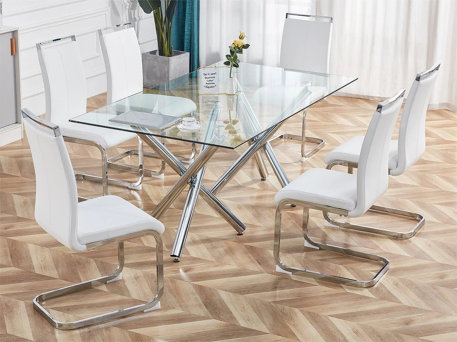 Set van 4 kunstleren sledestoelen - chroom metalen structuur - wit