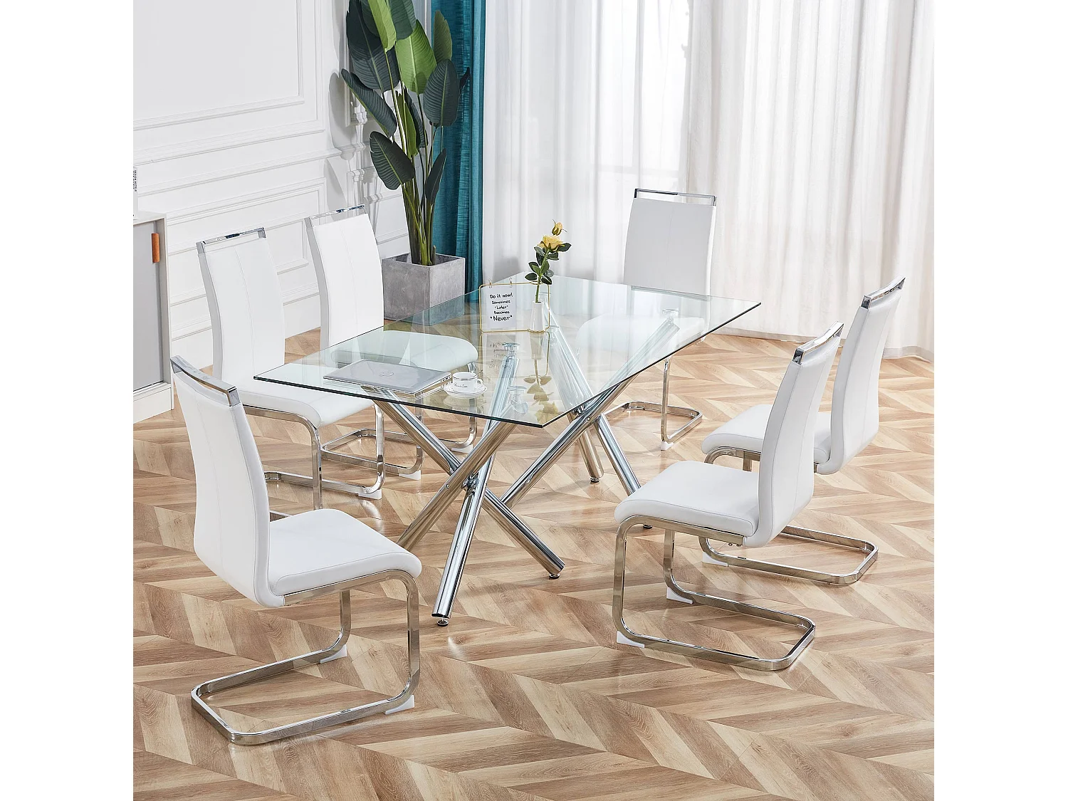 Lot de 4 Chaises cantilever en similicuir - structure en métal chromé - Blanc