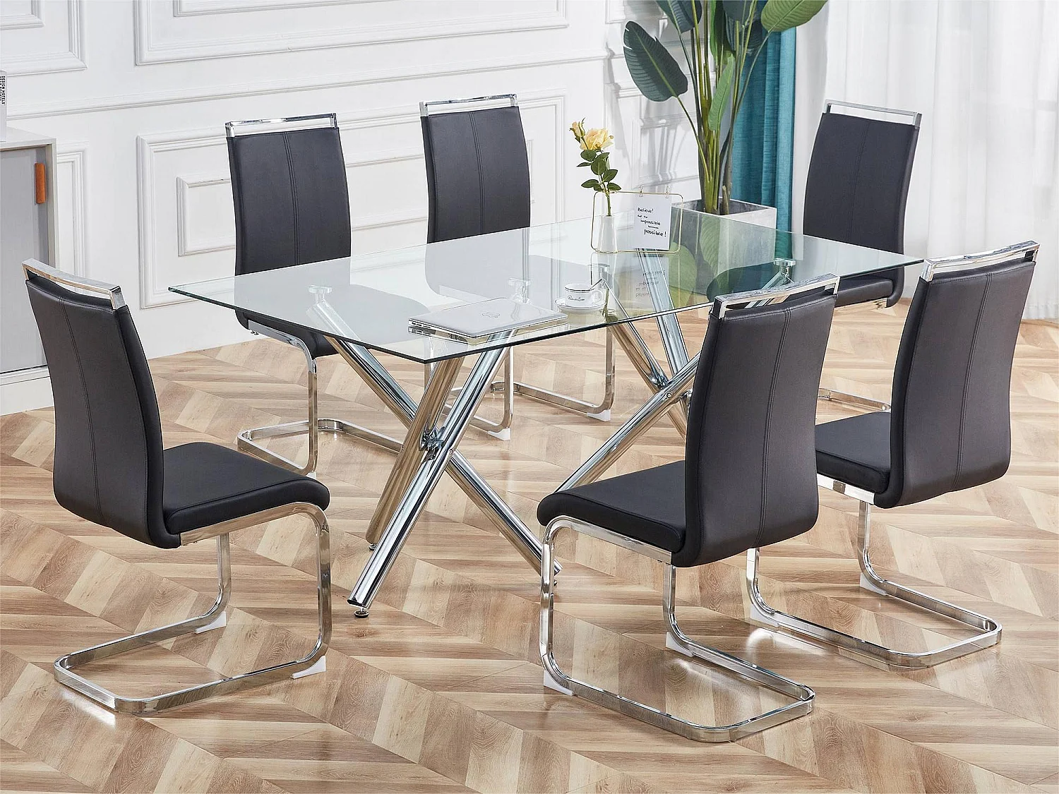 Lot de 4 Chaises cantilever en similicuir - structure en métal chromé - Noir