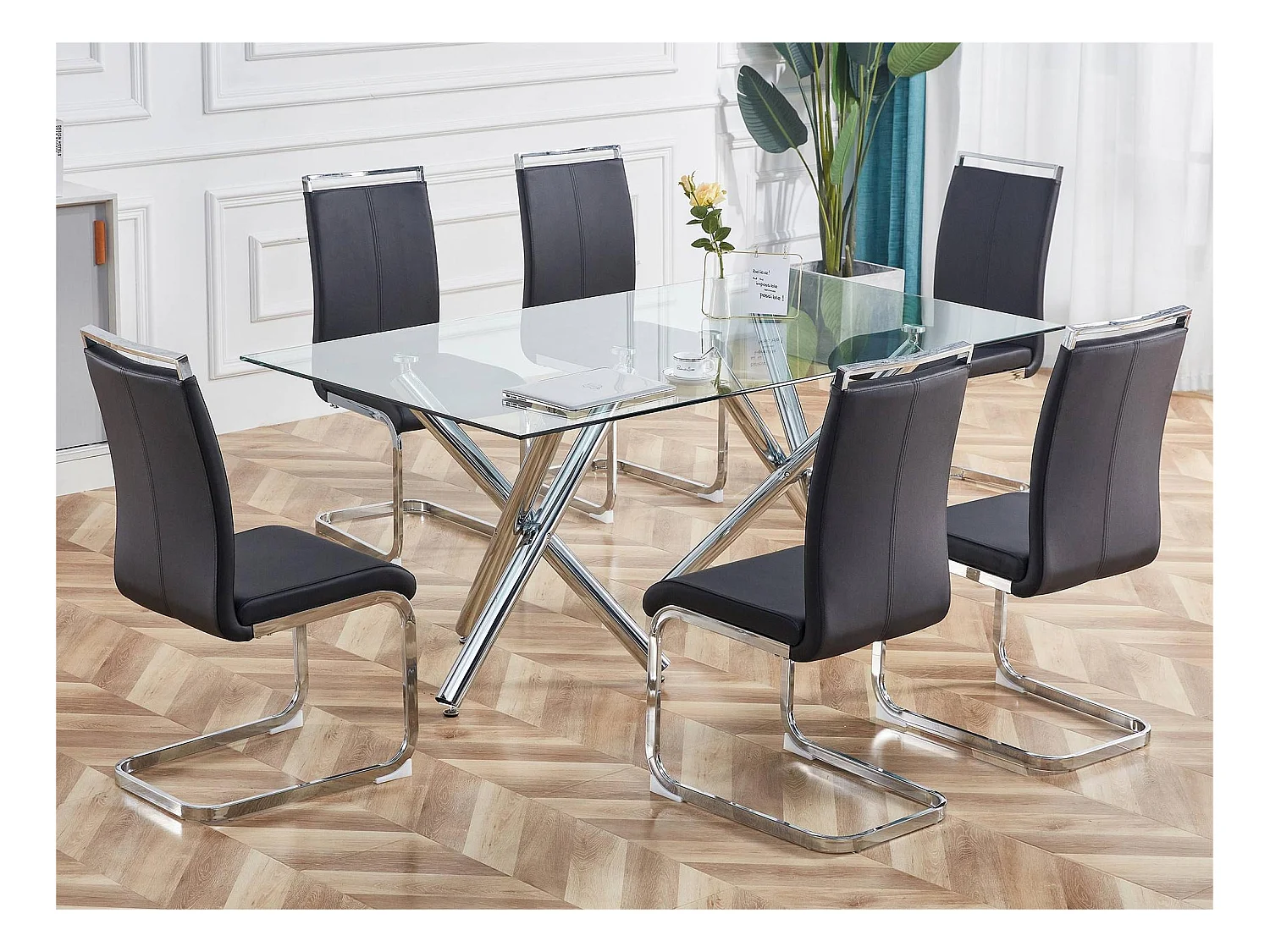 Lot de 4 Chaises cantilever en similicuir - structure en métal chromé - Noir