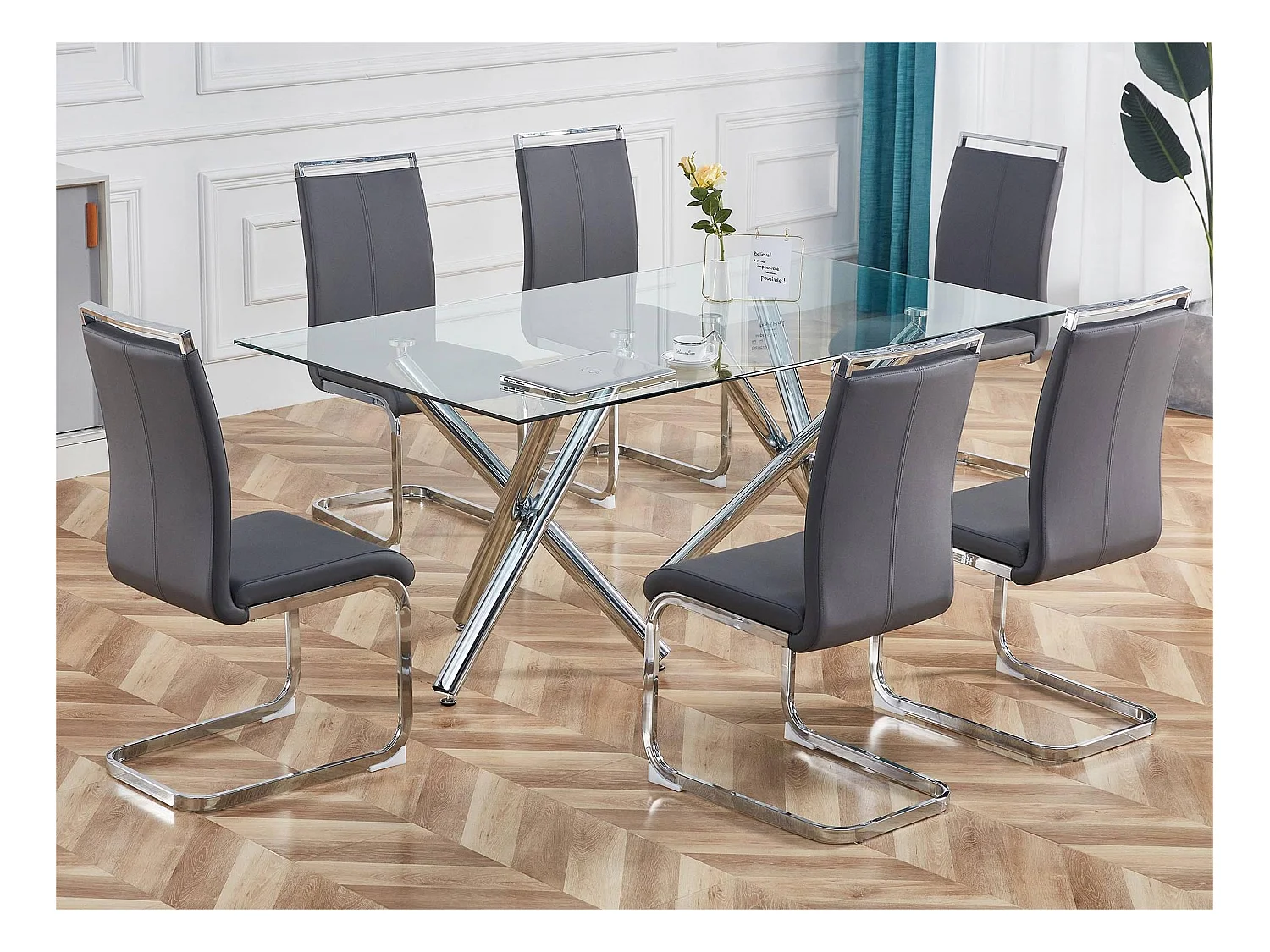 Lot de 4 Chaises cantilever en similicuir - structure en métal chromé - Gris