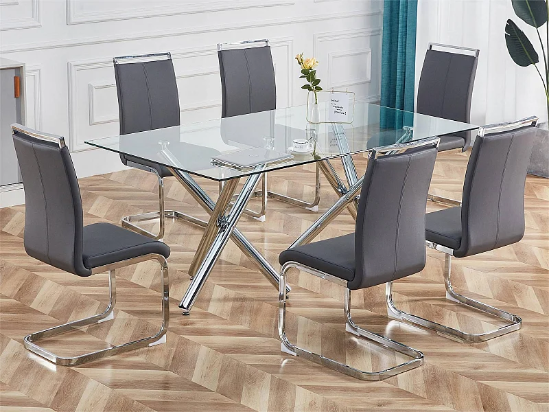 Lot de 4 Chaises cantilever en similicuir - structure en métal chromé - Gris