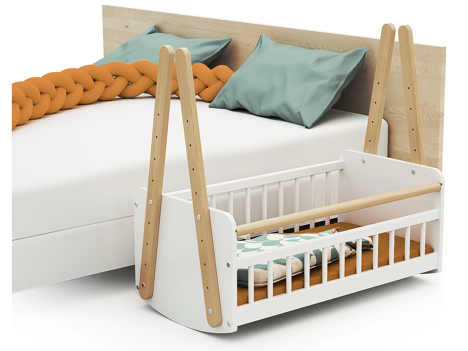 Wieg voor samen slapen PIRATE in hout Wit en Beuken 40 x 80 cm