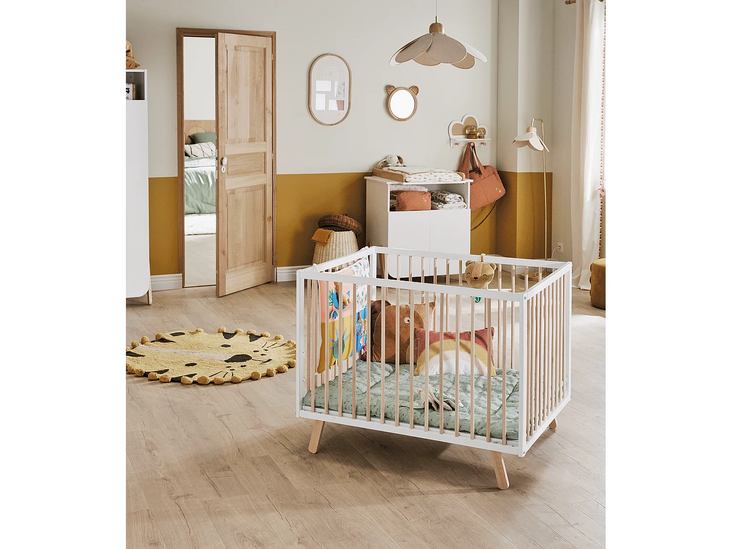 Laufgitter Baby PIRATE Holz Weiß und Buche Lackiert 80 x 100 cm