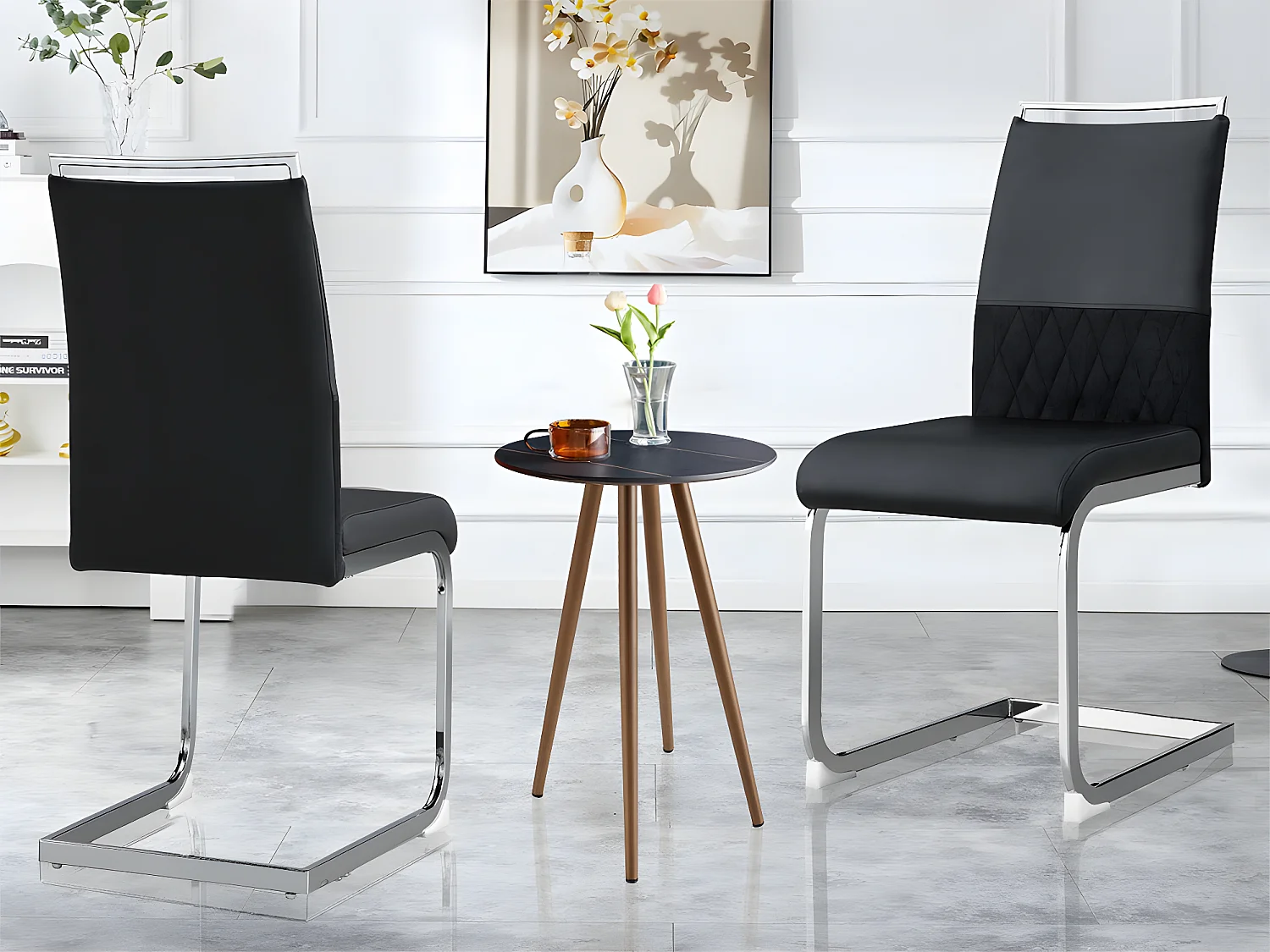 Juego de 2 sillas de comedor - piel sintética y respaldo de lino - negro