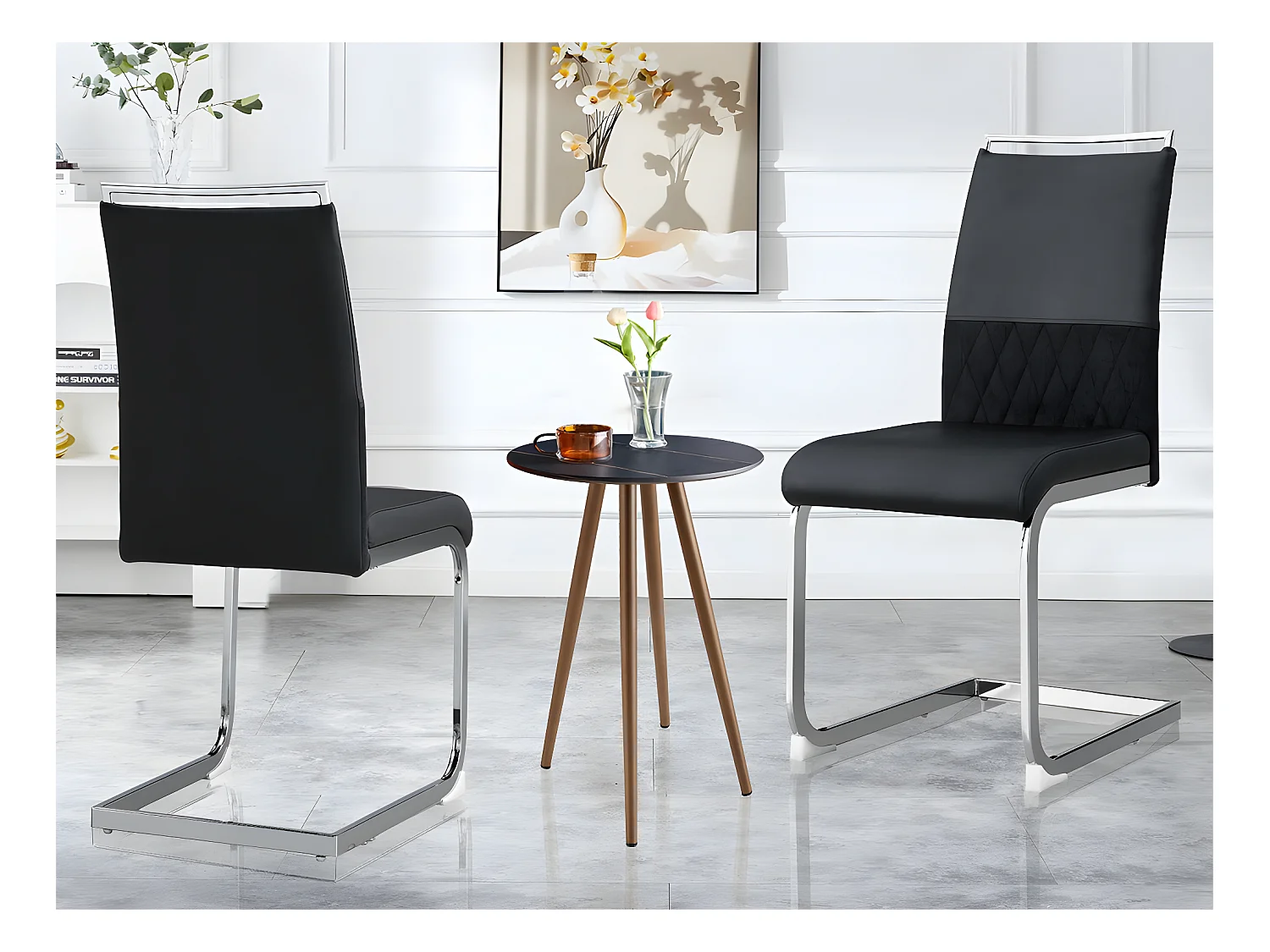Lot de 2 chaises de salle à manger - dossier en similicuir et lin - noir
